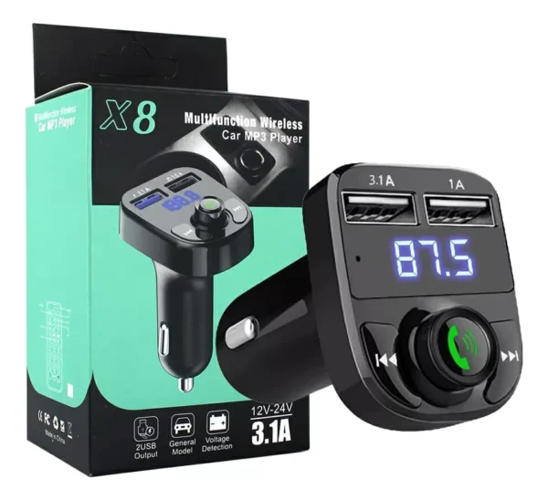 Transmisor Bluetooth X8 Receptor MP3 con Radio FM y Cargador USB para Auto