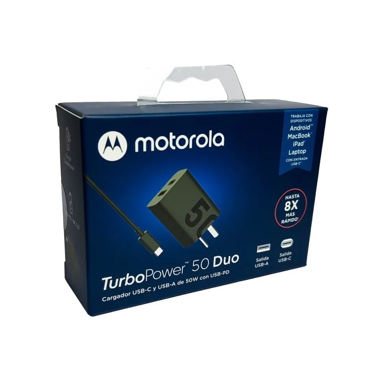Cargador Motorola Turbo Dual USB + USB C 50w Caja Azul