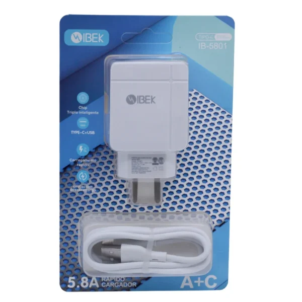 Cargador IBEK Tipo C 5.8A1 Puerto USB Y 1 TYPE C IB-5801