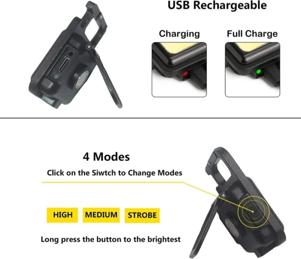 Llavero recargable con luz COB de Metal negro - Image 3