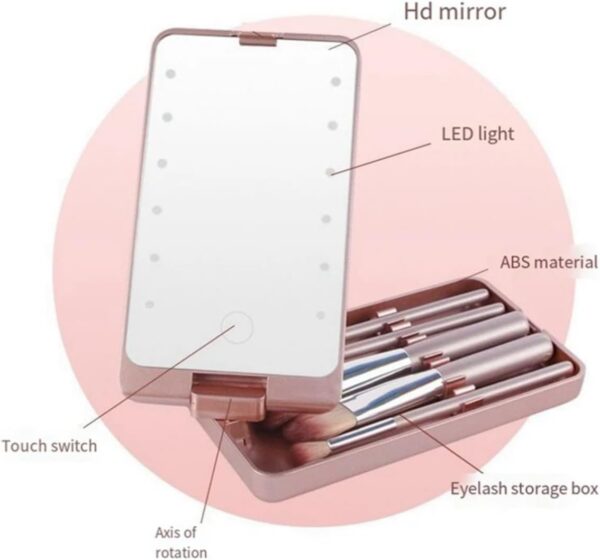 Cosmetic Mirror Espejo Led Portatil 360° Con 5 Cepillos - Image 2
