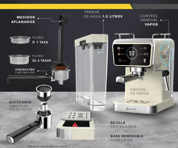 Cafetera Expresso Digital Capsulas 1,5 L 1350 W Color Crema Suono - Image 2