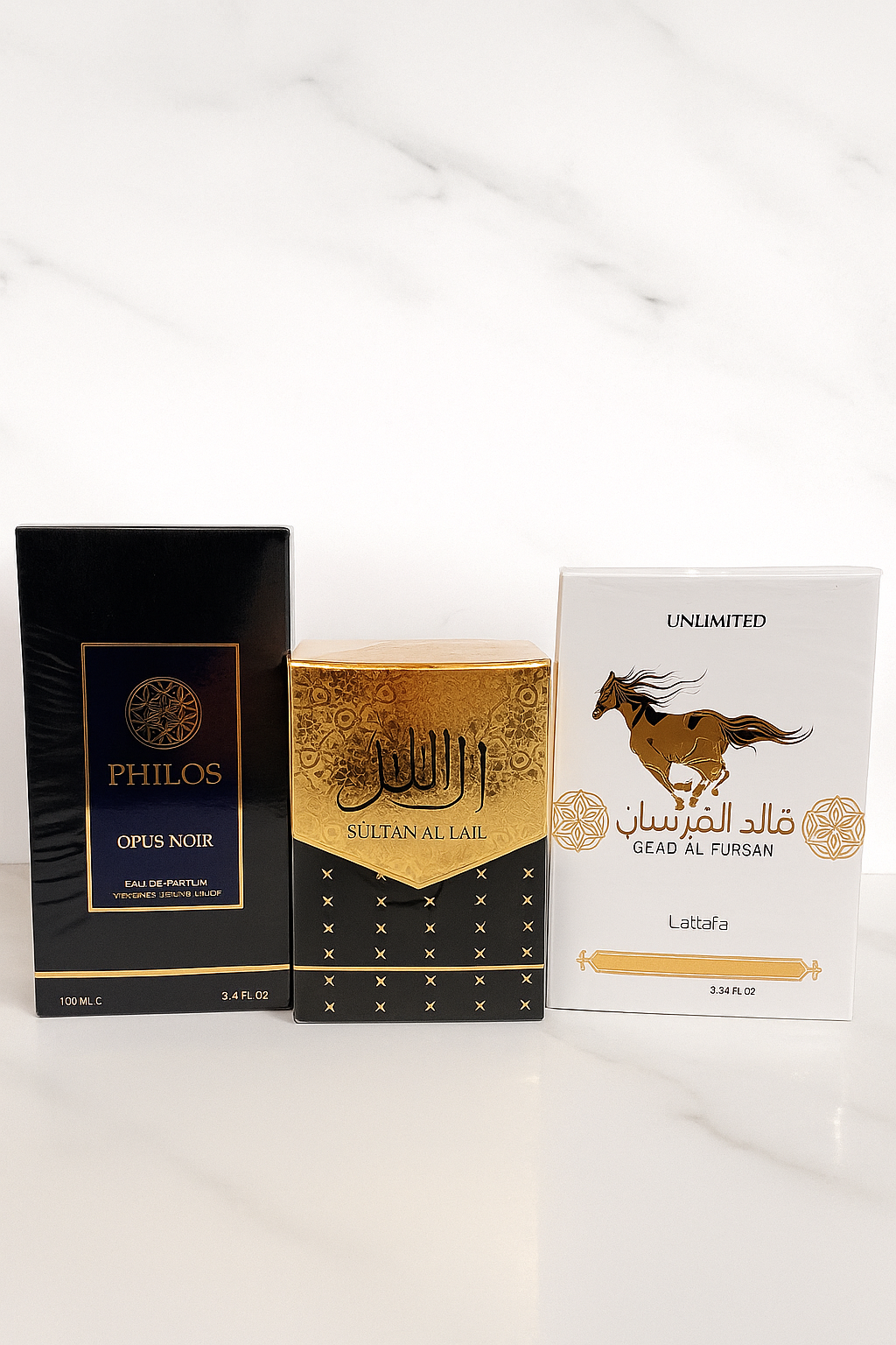 Combo Perfume 3 Qaed Al Fursan Unlimitad, Philos Opus Noir y Sultan Al Lail