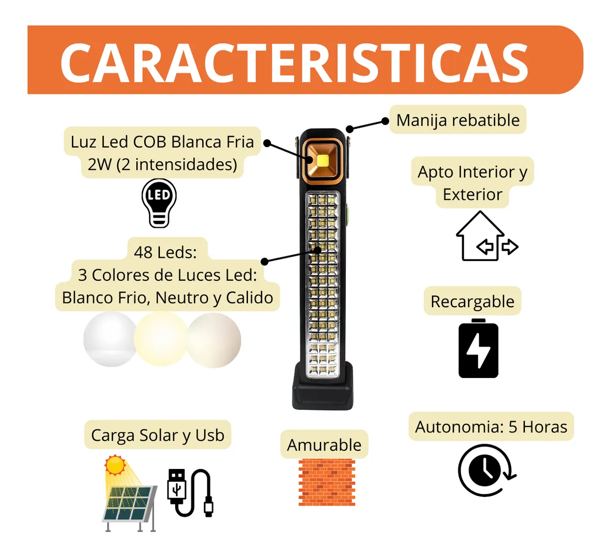 Luz de Emergencia Solar USB OR-0809 48 LED - Image 2