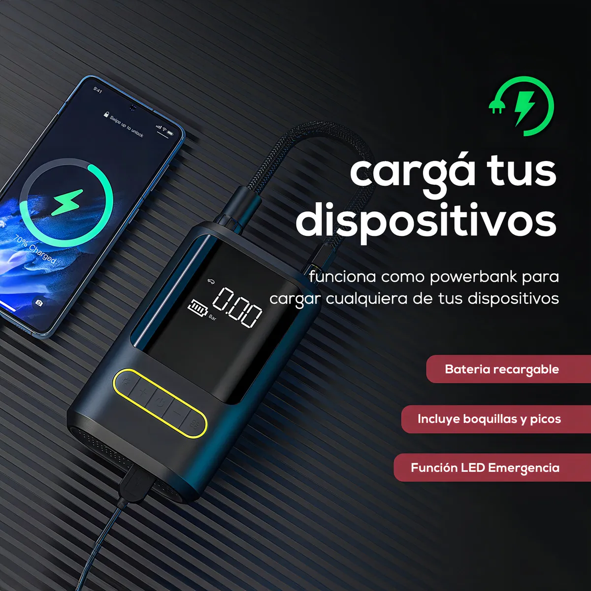 Mini Compresor De Aire Nitsuk Inflador Neumaticos Portatil - Image 2