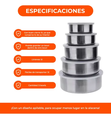 Set 5 Bowls De Acero Inoxidable Con Tapa Recipiente Metalico Dommis - Image 2