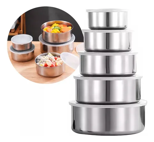 Set 5 Bowls De Acero Inoxidable Con Tapa Recipiente Metalico Dommis