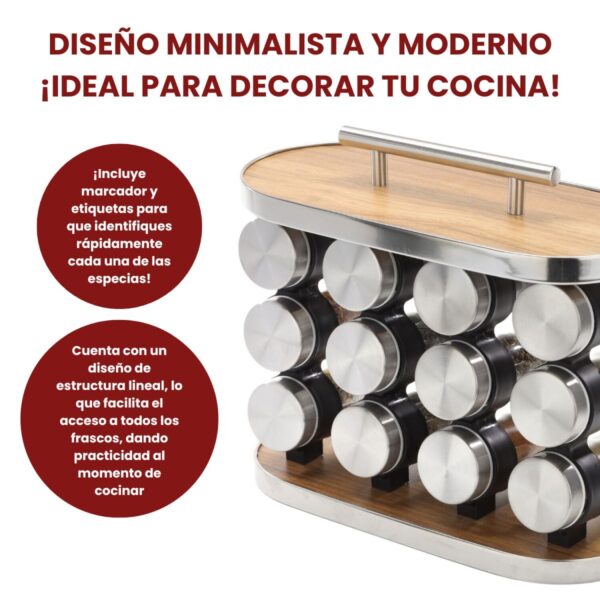 Especiero Condimentero 12 Pzs GN-0072 Acero Madera Organizador - Image 3