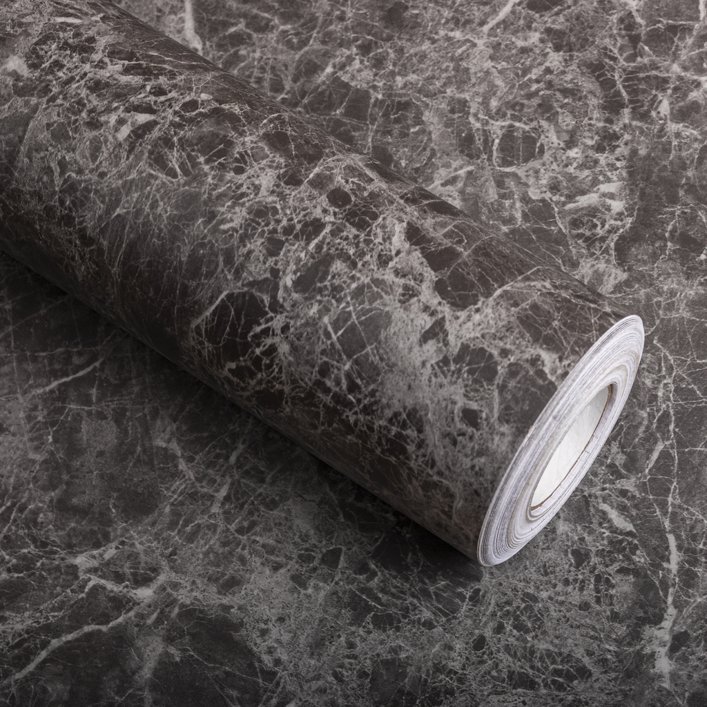 Rollo Vinilo Símil Mármol Decorativo Autoadhesivo Duracal 10mt*60cm Negro con Lineas Blancas