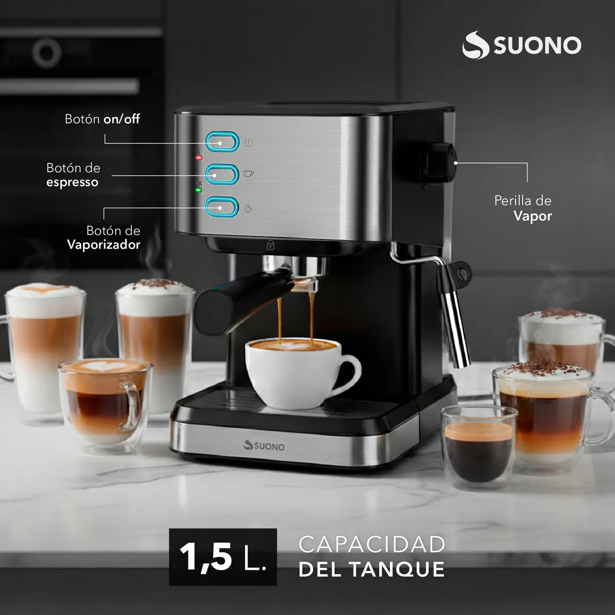 Cafetera Suono 20 Bar Acero Inoxidable 1050w Acero Inoxidable HOG0389ACE - Image 6