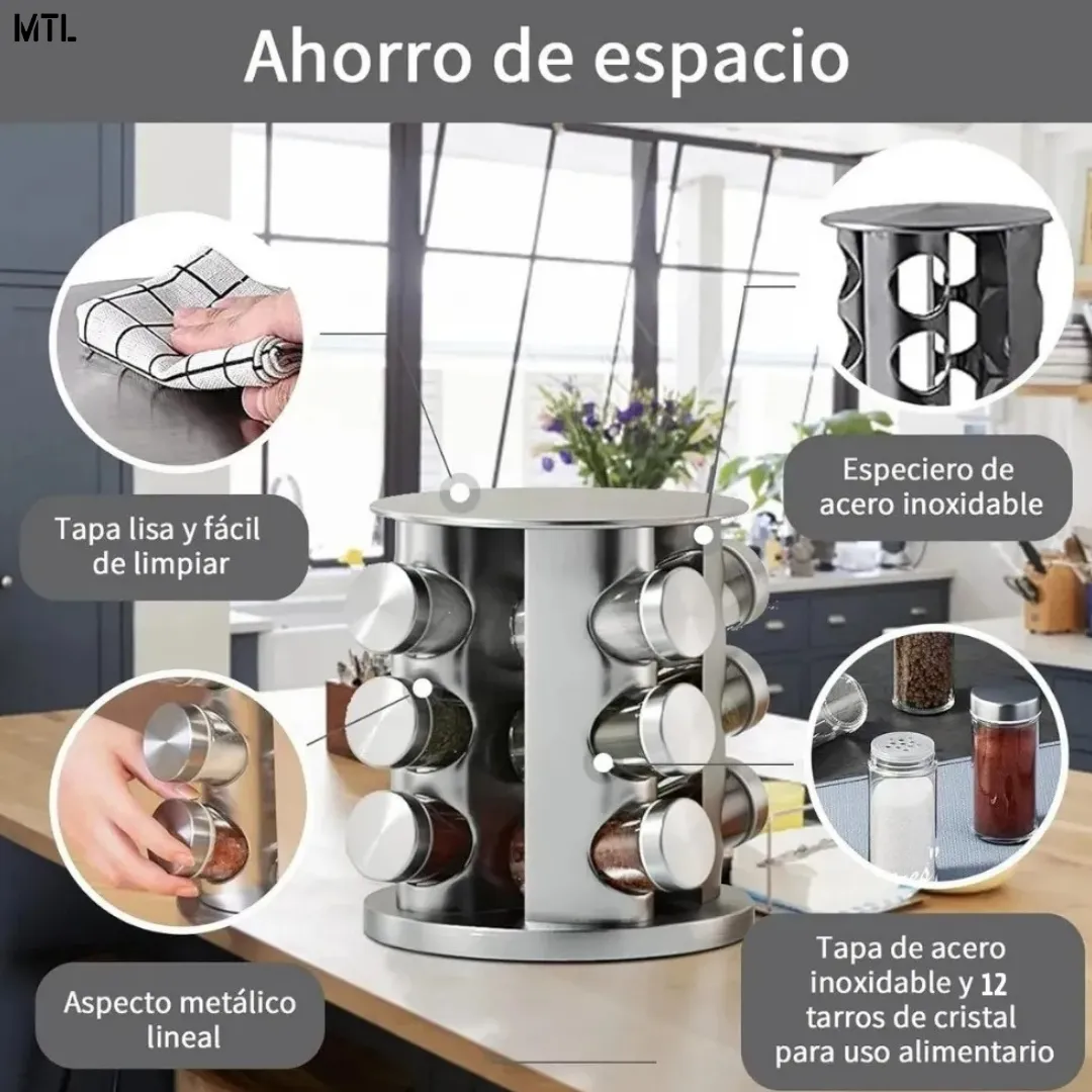 Especiero Acero Inoxidable Con Frascos Condimentero Redondo 12 Frascos Melech-41 - Image 2