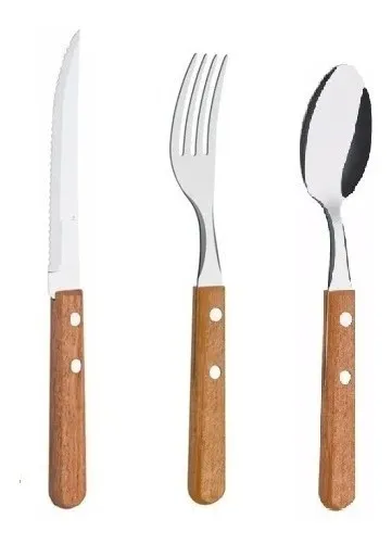 Set X3 Cubiertos Mango Madera Cuchillo Cuchara Tenedor Melech-264 - Image 2