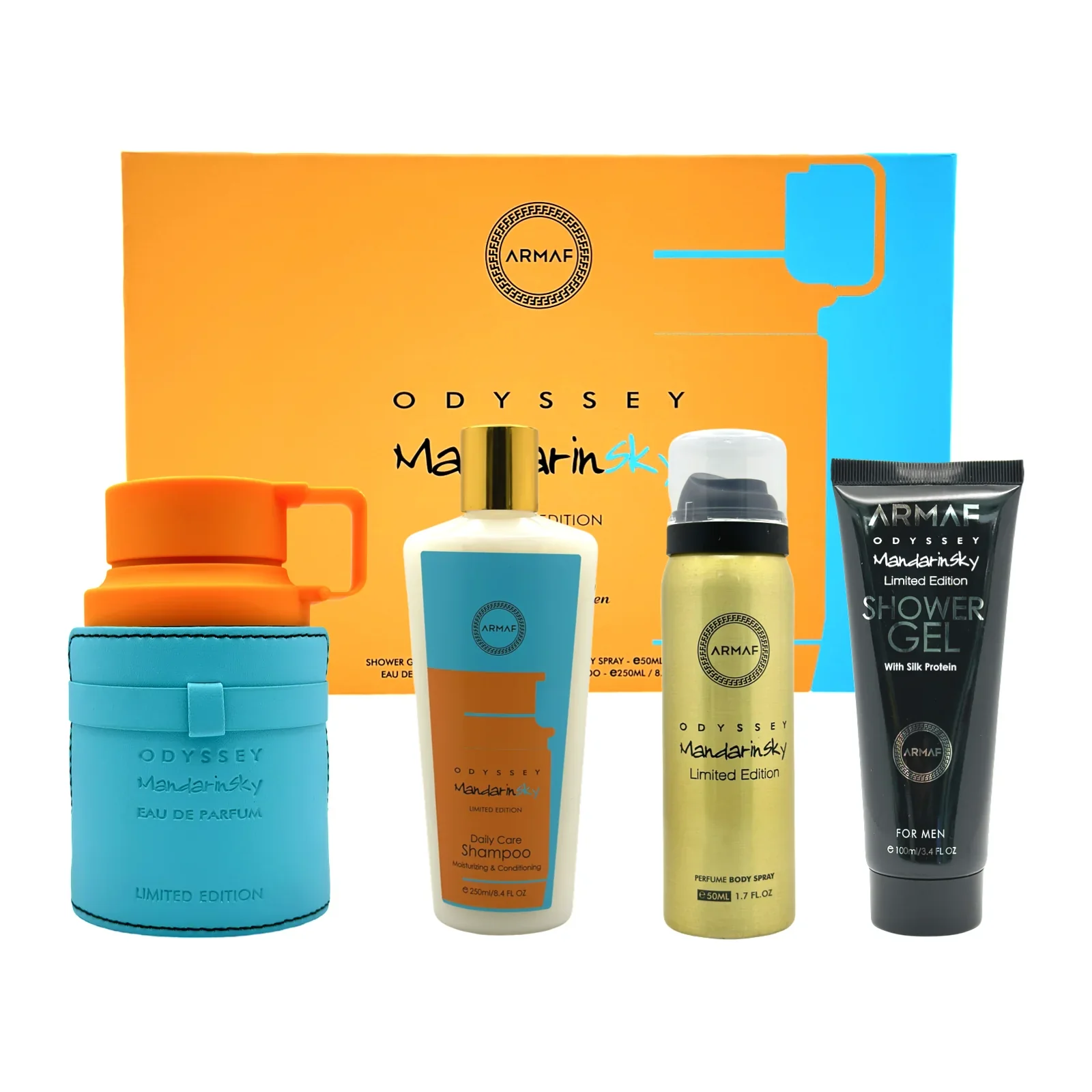 Set de regalo Odyssey Mandarin Sky Eau de Parfum 100 ml + Spray corporal 50 ml + Gel de ducha 100 ml + Champú 250 ml Unisex de Armaf - Image 2