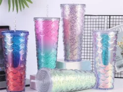 Vaso Tumbler Sirenita Tornasol Acrílico Brillante C/sorbete WF-19