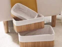 Set X3 Canasto Organizador De Bambú Funda De Tela Lavable Natural