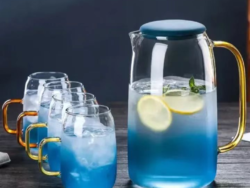 Set X4 Vasos Tazas Celeste + Jarra De Vidrio Celeste 1.5 Lts Nextshop GT687-12