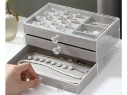 Organizador Joyas 3 Pisos Gris Joyero Alhajero Terciopelo 23.5x13.5x11cm