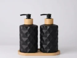 Set Dispenser Vidrio Con Bandeja Bambu Jabon Liquido Suono HOG0620