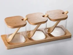 Set X3 Frasco Vidrio 350ml Tapa Bamboo C/base Especiero Azucarera TH-67