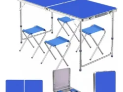 Mesa Plegable 120x60cm Con 4 Sillas Para Exterior Azul CNW-22271