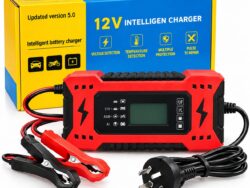 Cargador Inteligente De BaterIas 12v Auto Moto Caja Celeste y Amarillo