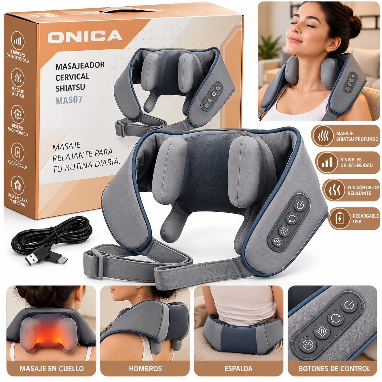 Masajeador Cervical Shiatsu ONICA Con Calor Recargable MAS07