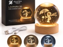 Lámpara 3D Esfera De Cristal Grabado Láser Base Madera Recargable XX0119